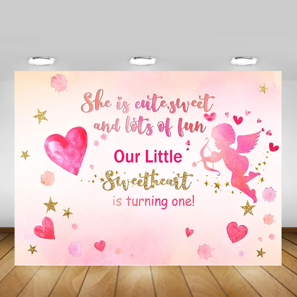 

Our Little Sweetheart is Turning One Backdrop Angle Newborn Baby 1st Birthday Party Decoration Photo Background Cupid Heart Star