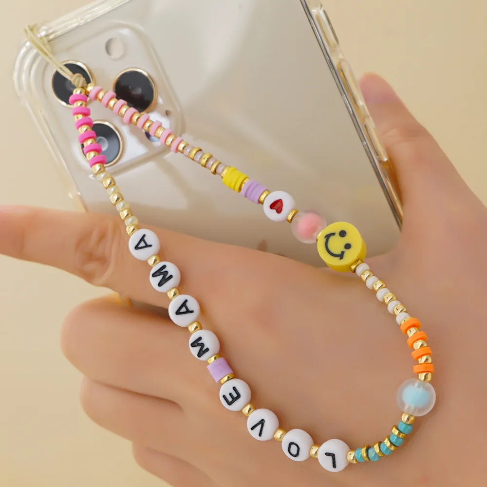 

Fashion New Beaded Acrylic Letters Soft Pottery Yellow Phone Chain