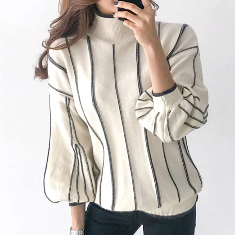 

2021 Straight Women's Sweater Polyester Standard Wool Single Three-Quarter Sleeve Stand Collar Stripe Western Casual Fashion