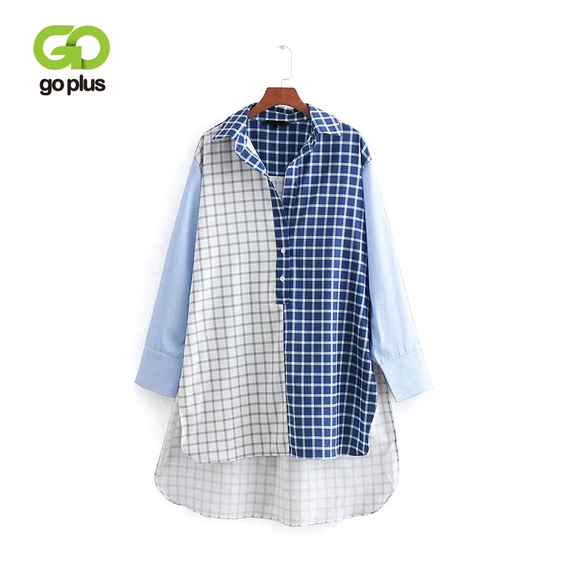 GOPLUS/весенние женские блузки в клетку с длинным рукавом и отложным воротником