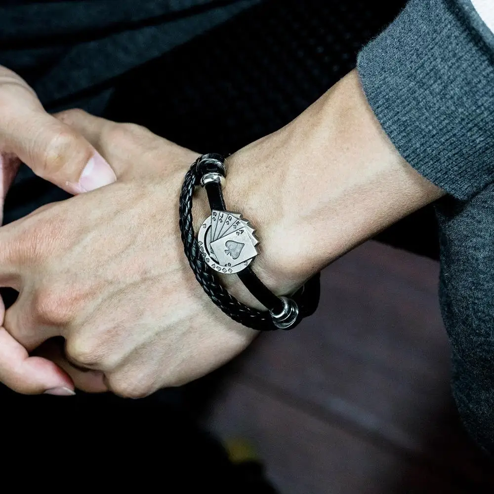 Lucky Vintage Men's Leather Bracelet Playing Cards Raja Vegas Charm Multilayer Braided Women Pulseira Masculina | Украшения и
