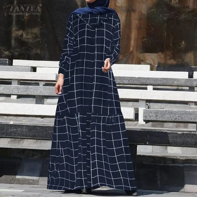 ZANZEA Women Vintage O Neck Long Sleeve Muslim Dress Spring Elegant Plaid Checked Maxi Sundress Abaya Hijab Robe Femme | Тематическая