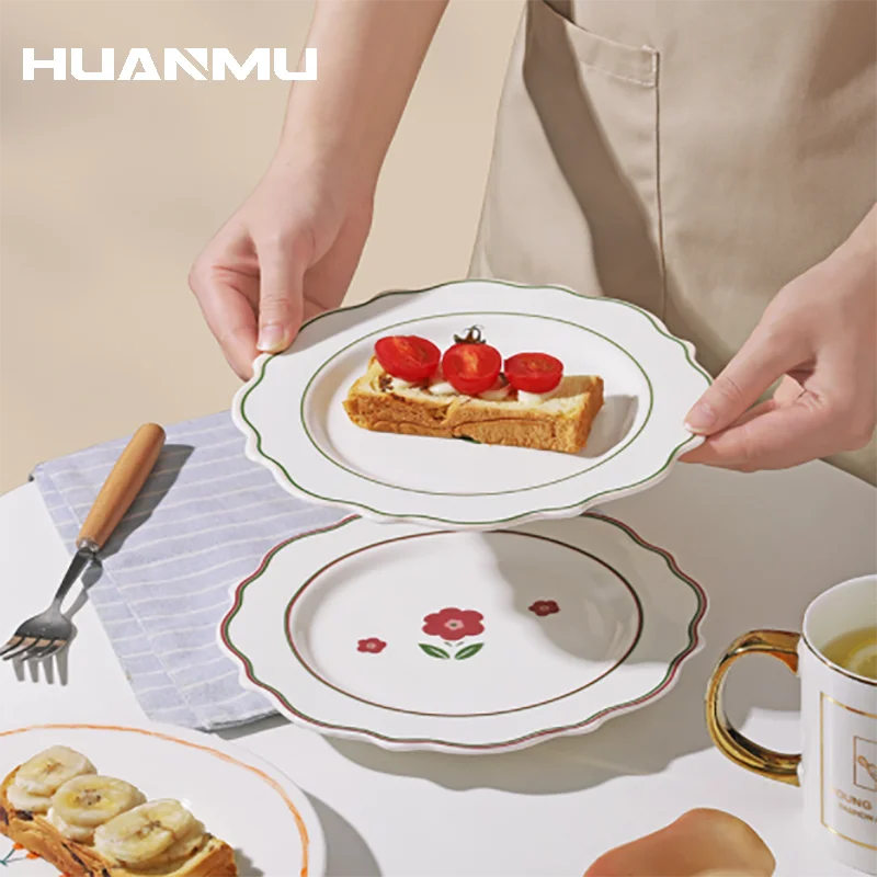 

Flower Shape Ceramic Plate Breakfast Plate Home Dessert Tableware INS Simple Fresh Cherry Steak Main Course Buffet Fruit Dish