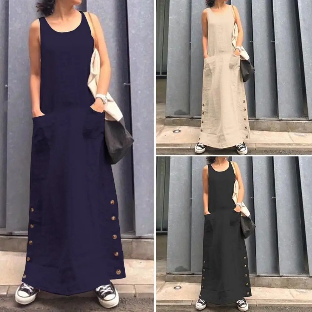 

Vintage Summer Dress women Solid Color Sleeveless O Neck Pockets Button Robe Loose Dress Vestidos 5XL Female dress