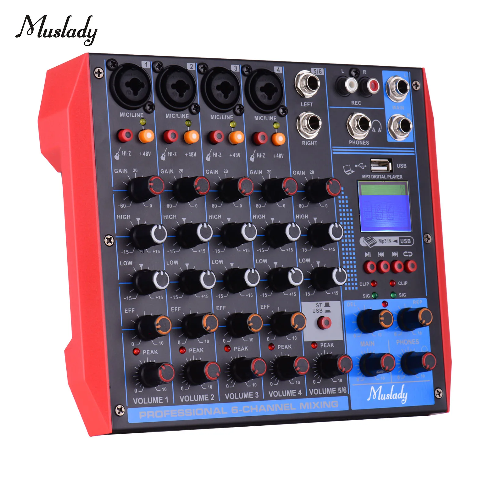 

Muslady 6-Channel Mixing Console Digital Audio Mixer +48V Phantom Power Supports BT/USB/MP3 Connection for Music Recording DJ