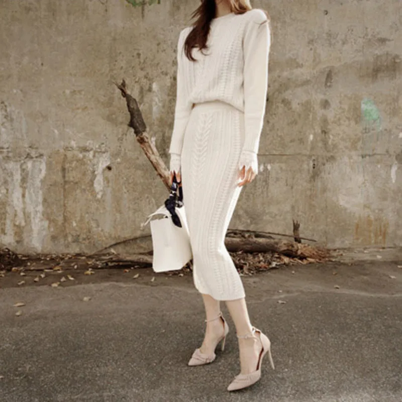 Однотонный свитер с круглым вырезом и длинными рукавами Женская юбка разрезом