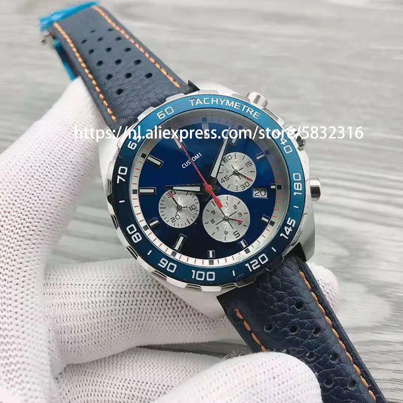 

Big-brand men's watch precision quartz movement VK63 multi-function blue dial waterproof leather strap clock