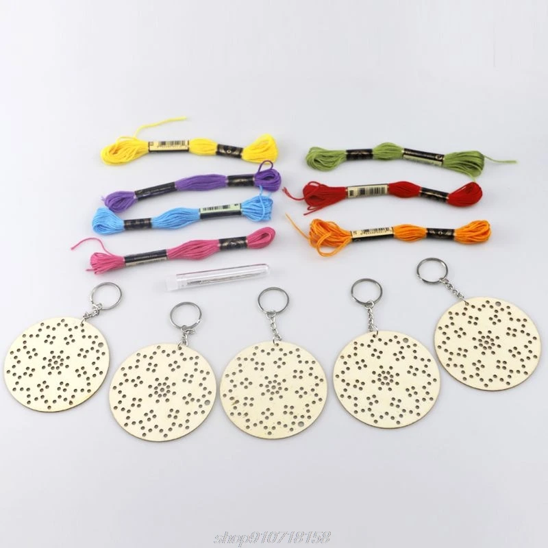 5 шт. круглая деревянная вышивка крестиком брелок кольцо с шерстяной нитью Набор