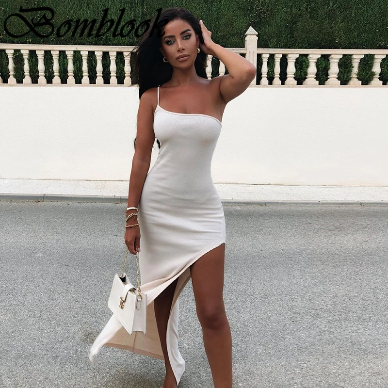 

Bomblook Sexy Party Club Bodycon Dresses For Women's 2021 Summer Single Shoulder Backless Solid Midi Dress Female Streetwears