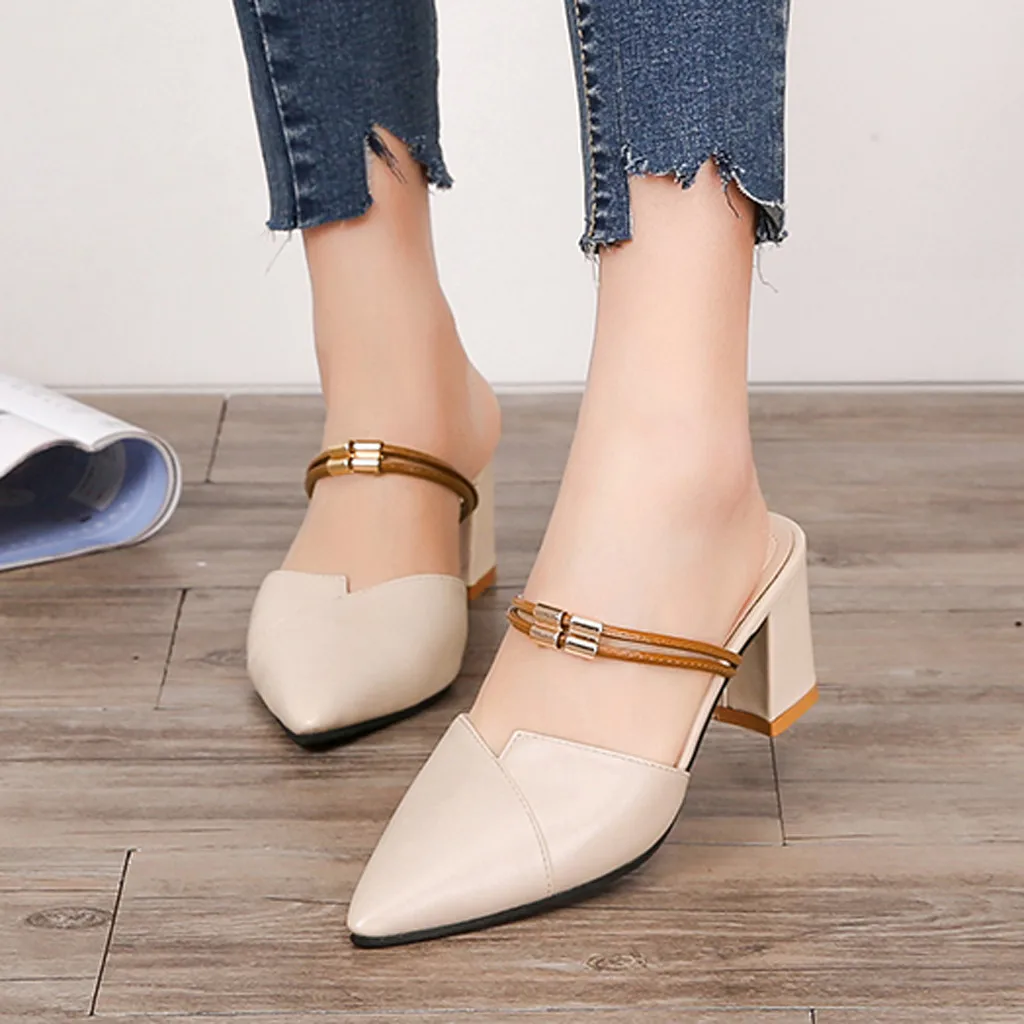 

2019 summer square low heels pointed toe yellow buckle woman outdoor slippers ladies shoes women mules siz#N3