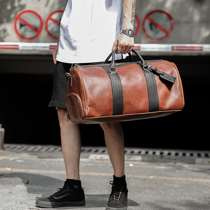 Мужская коричневая сумка дорожная водонепроницаемая кожаная большая