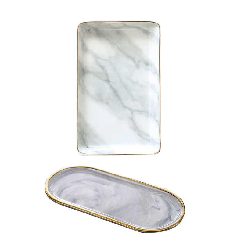 

2 PCS Tray: 1 Pcs Marble Painting Jewelry Cosmetic Snack Dried Fruit Storage Tray -S & 1 PCS Gold-Plated Oval Plate Creative Cer