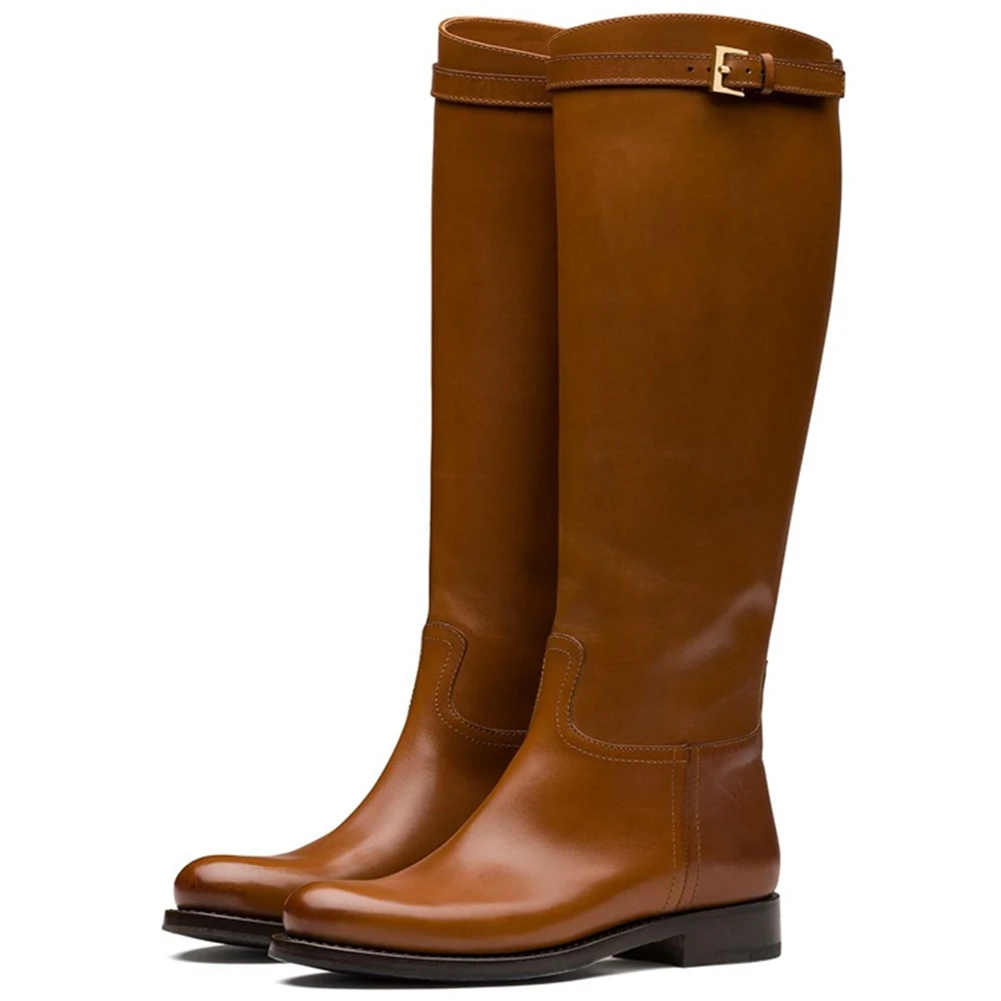 

RIBETRINI Genuine Leather New Arrival Female Boots Solid Hot Sale Boots Women Slip On Cool Buckle Design Stylish Shoes Woman