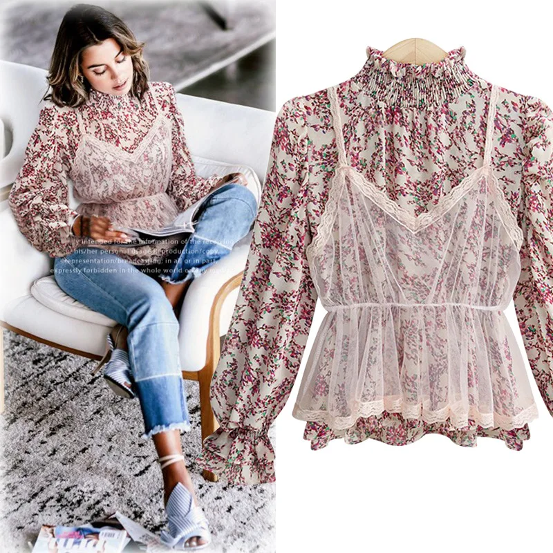 

Женский цветочный шифоновый свитер, кружевной топ на бретельках, комплект из двух предметов, весна-осень 2021