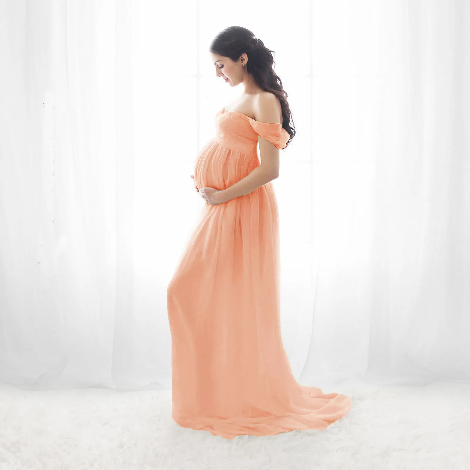 

2021 Women Maternity Dress Photography Off Shoulder Pregnants Sexy Ruffled Nursing Long Dress Clothes zwangerschaps kleding