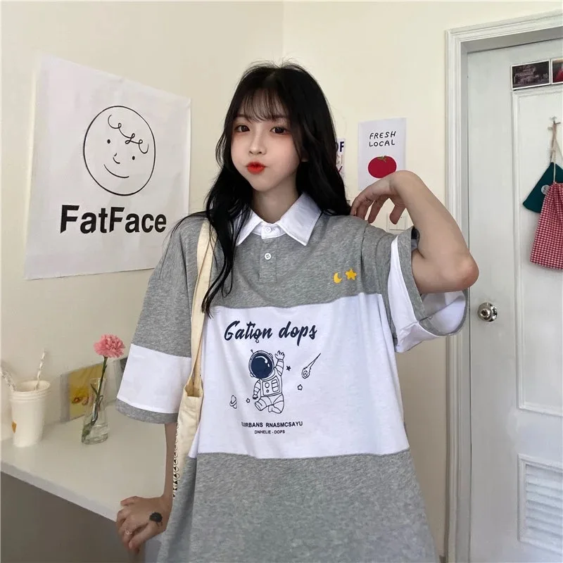 

2021 Summer Loose Graphic T shirts Short Sleeve Polo Collar Woman T-shirts Casual Plus Size Women's Clothing Korean Style