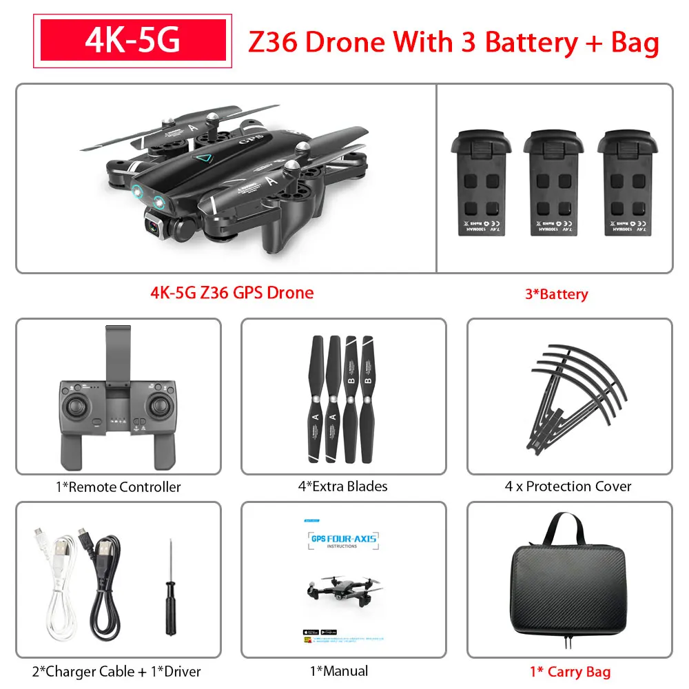 ZWN Z36 gps Квадрокоптер с 720 P/1080 P/4 K HD камерой Rc вертолет gps с фиксированной точкой wifi FPV Дрон следуй за мной режим vs SG900-S E520S - Цвет: 4K-5G 3B with Bag