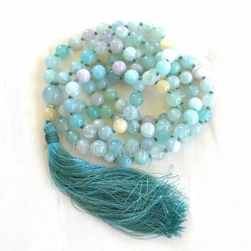 

MN21235 Aqua Agate Calming Mala Beads Necklace Yellow Jade Mala Knotted Prayer Beads Yoga Beads Silk Tassel Mala