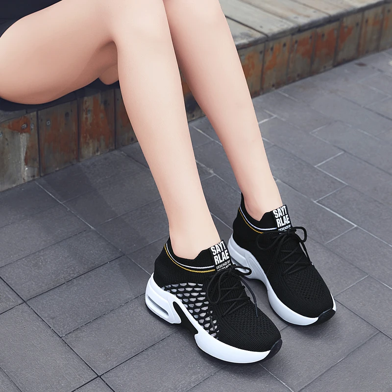 

Breathable Height Increasing Casual Shoes for Women Fashion Sneakers Lace Up 8CM High Heel Platform Shoes Female Footwear