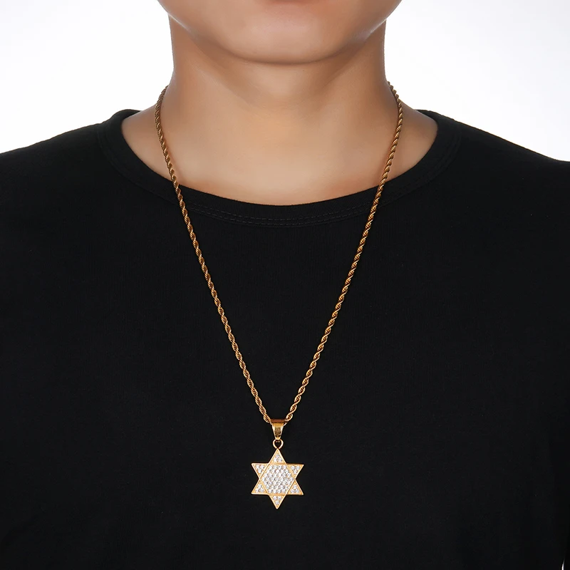 

HIP Hop Gold Color Stainless Steel Bling Iced Out Rope Chain Star of David Hexagram Pendants & Necklaces for Men Jewelry