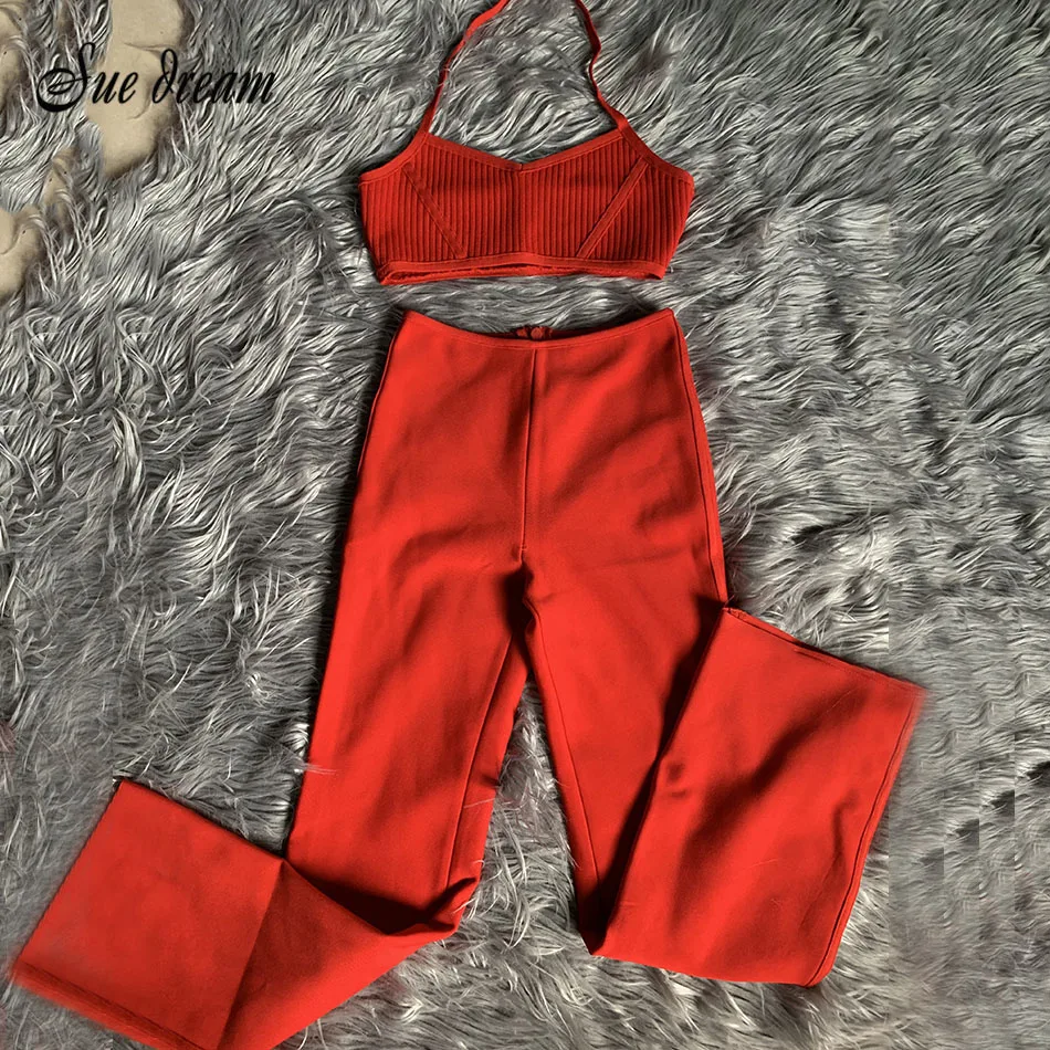 Женский комбинезон с лямкой на шее красный бандажный комплект из 2 предметов