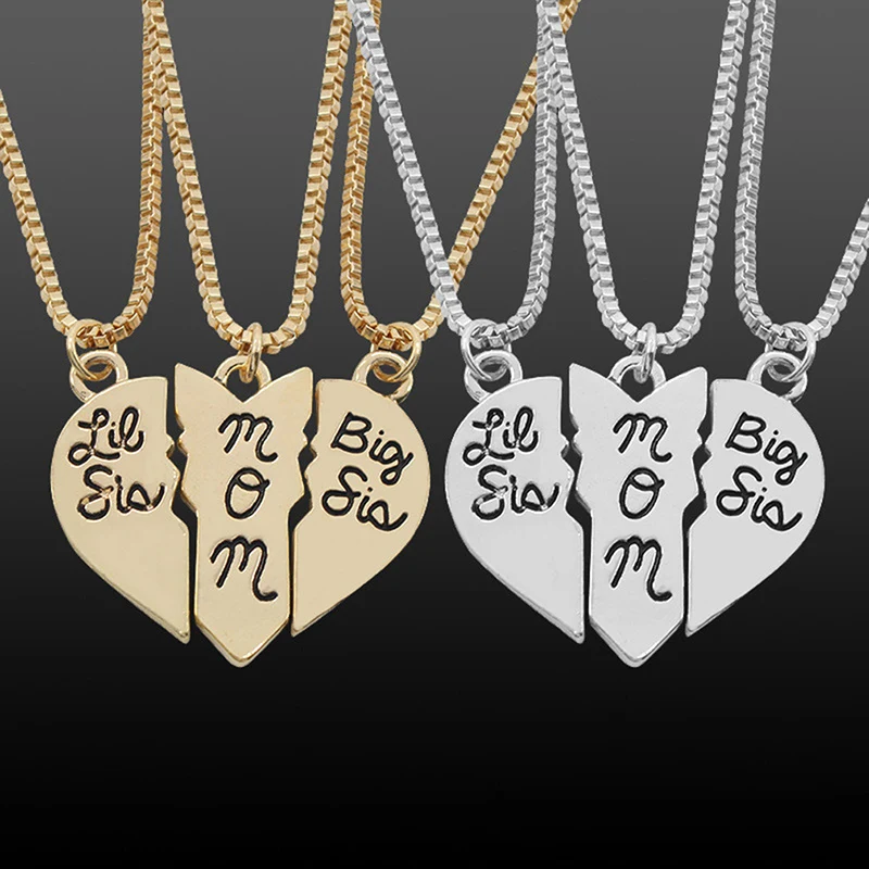 3pcs/set Lettering Necklace&quotLittle Sis MOM Big Sis&quot Love Heart Pendant Mother Daughters Kids Birthday Family Special Gift 369667 |