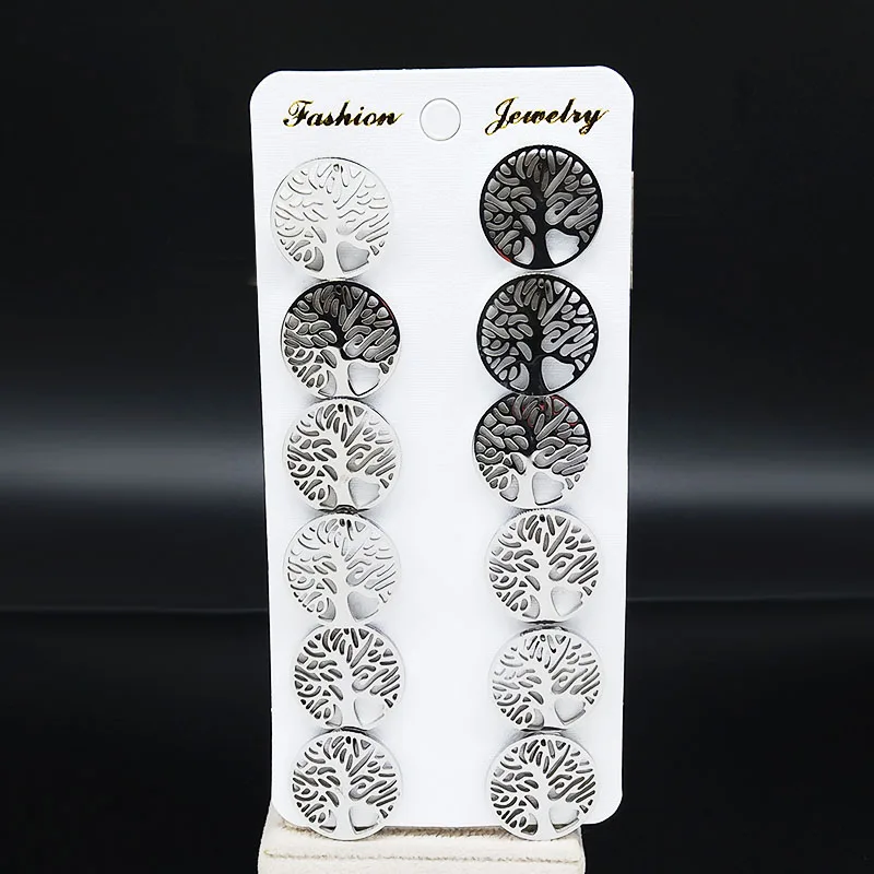 6 pairs tree B 6 шт.,, модные серьги из нержавеющей стали «Древо жизни» для женщин, серебряные серьги-гвоздики, ювелирные изделия, женские серьги E612785 - Окраска металла: 6 pairs tree B
