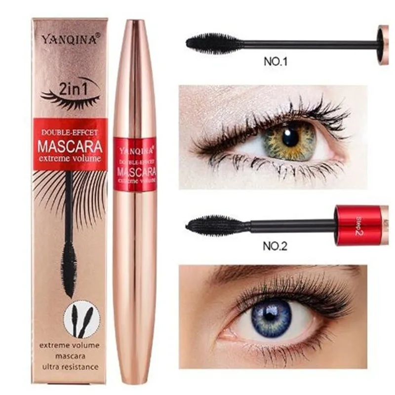 2 в 1 4D Тушь для ресниц из шелкового волокна Черная тушь водостойкая объем