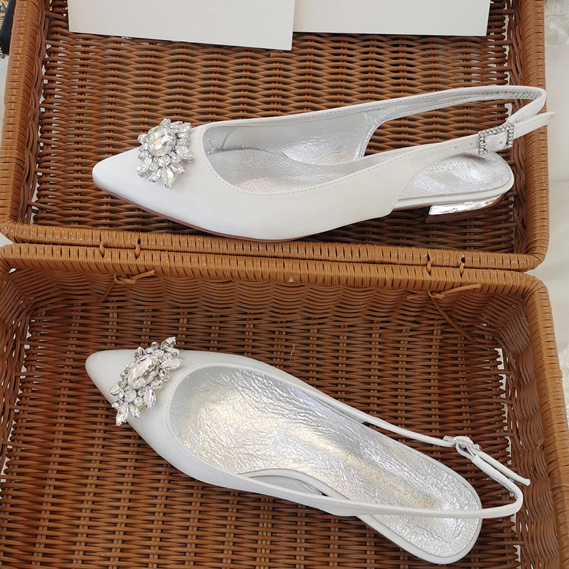 

Casual Slingback Shoes Ivory Women's Wedding Flats Crystal Satin Pointed Daily Working Sandals Aumtumn