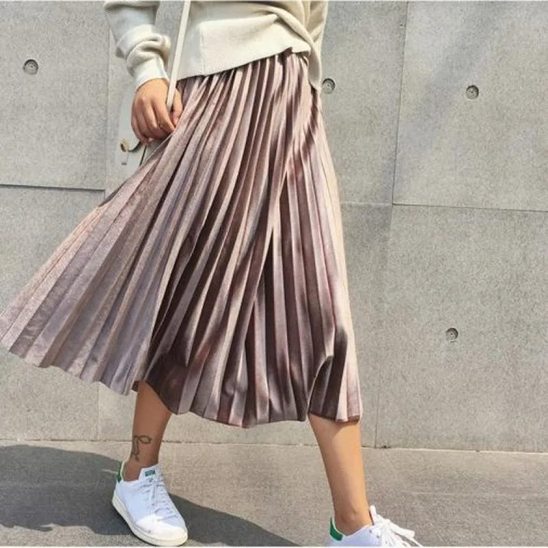 

Spring New 2020 Velvet Fashion Long Skirt Metallic Silver Maxi Pleated Skirts High Waist Elascity Casual faldas Women's Skirt