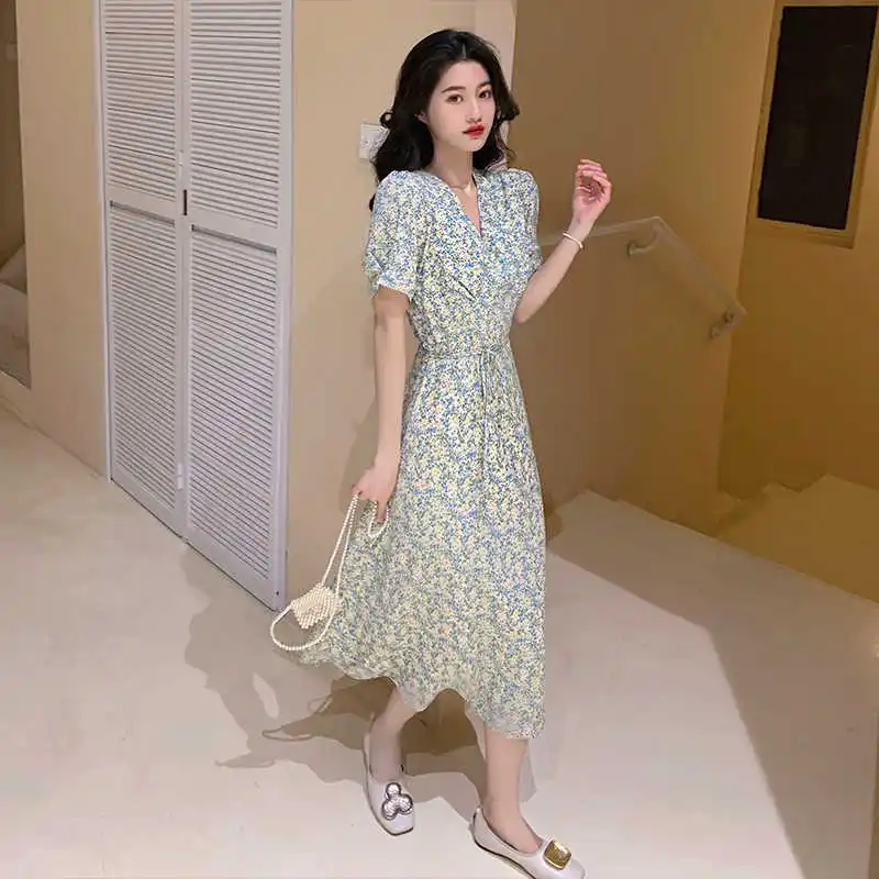 

Summer Floral Print Women Dress Lace Up Female Party Midi Chiffon Vestidos Over Size Dress