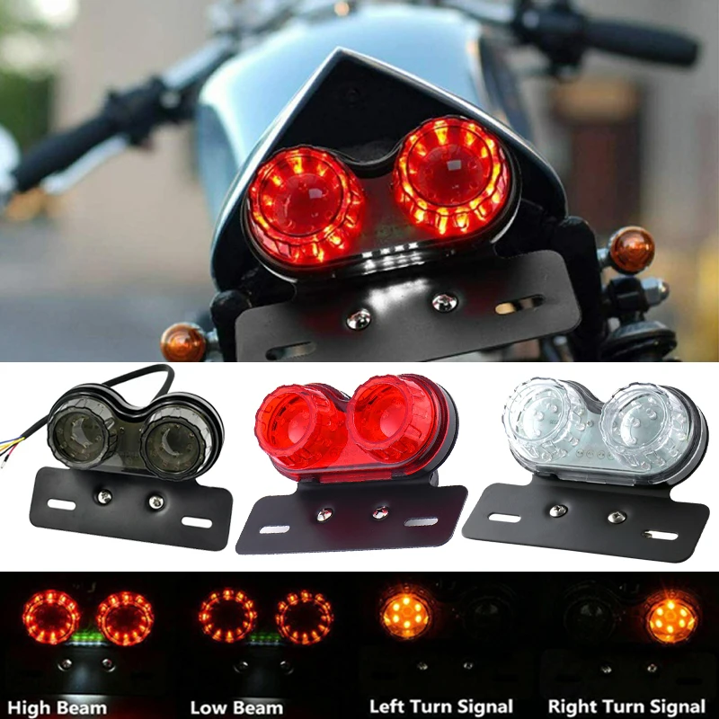 

12V Motorcycle Universal Signal Lights Twin Dual Motorbike Taillight Rear Lamp Twin Light License Plat LED Integrated Tail Light