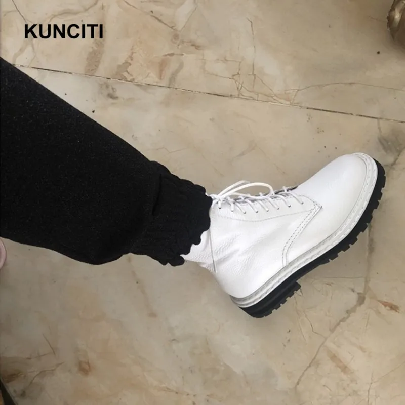 White Lychee Plush KUNCITI/; женские ботильоны на шнуровке; обувь martin из натуральной кожи; ботинки-гладиаторы в стиле суперзвезды; Новинка; большие размеры 34-43; D937 - Цвет: White Lychee Plush