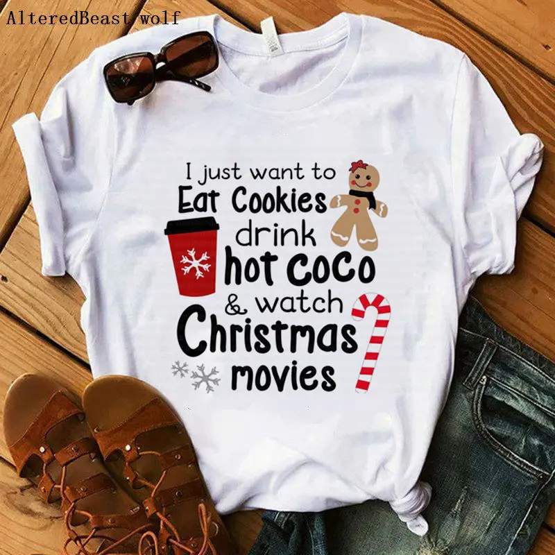 Я просто хочу съесть печенье напиток Рождественская футболка hot coco женская белая