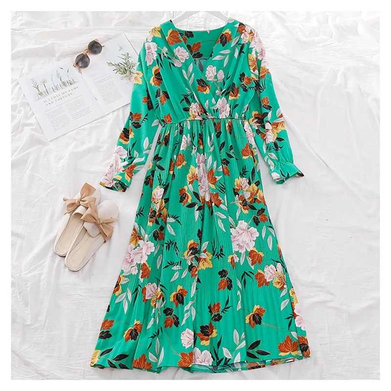 Платье женское шифоновое Плиссированное с цветочным принтом пикантный длинный