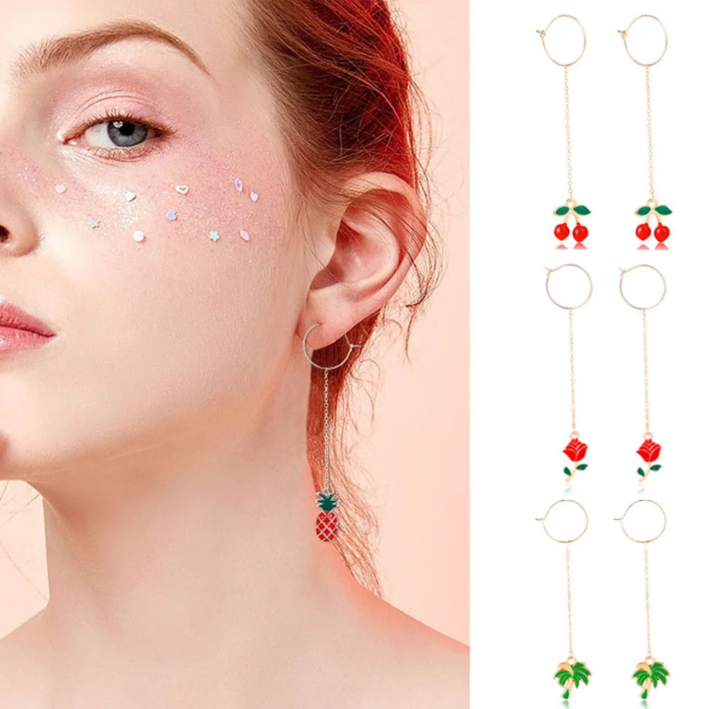 Cute Dangle Earrings for Women Girl Tree Rose Fruit Cherry Pineapple Long Chain Drop Charm Jewelry Accessories 1 Pair | Украшения и