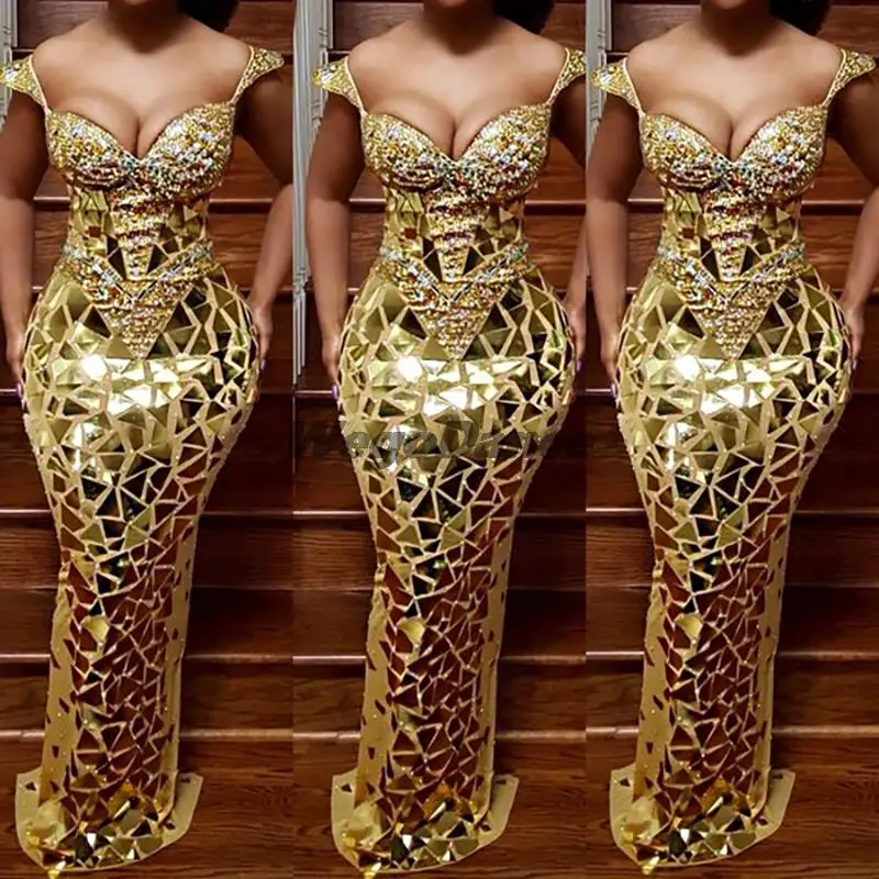 

Women Festival Clothing Beautiful Entrance Flashy Mirror Prom Gold Diamante Mirror Dress Rhinestones