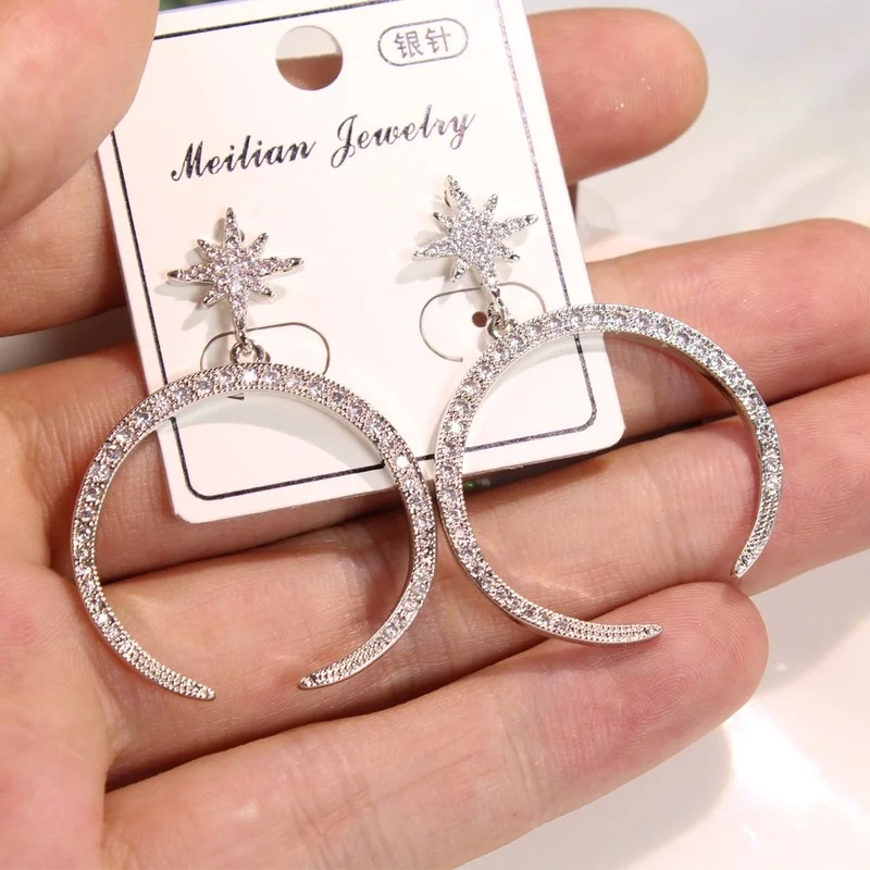 

Karopel Top Quality Luxury Mirco Paved Zircon C Shaped Star Needle Stud Earrings Gift For Women Brincos Fine jewelry