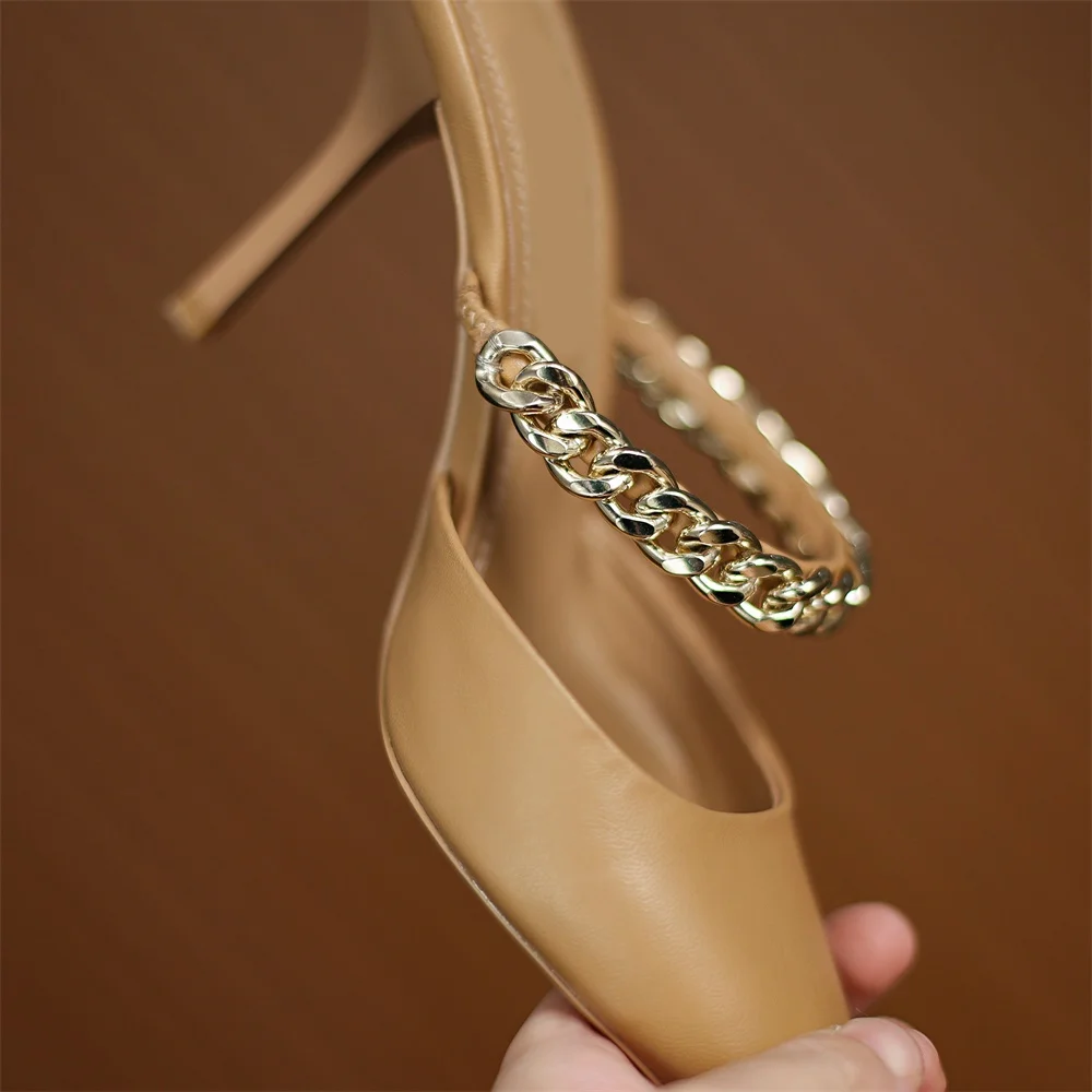 Kanseet Pointed Toe Women Slippers Chain Decoration Summer Shoes Genuine Leather 2021 New Handmade High Heels Slippers Women