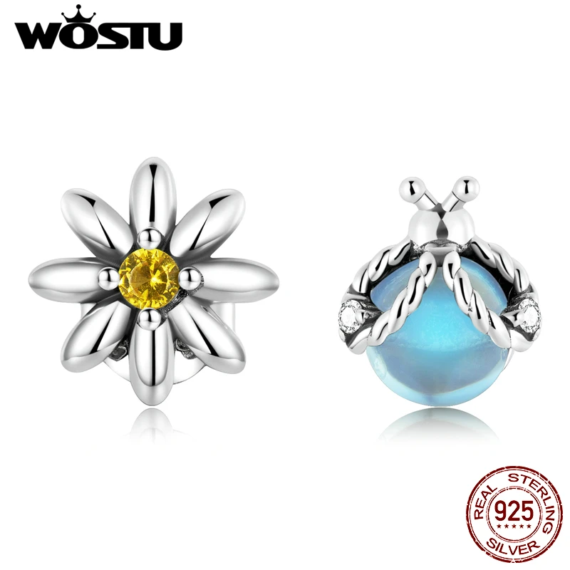 

WOSTU 925 Sterling Silver Insect Flower Daisy Ladybug Asymmetrical Stud Earrings For Women Fashion Party Jewelry Gift CQE1364