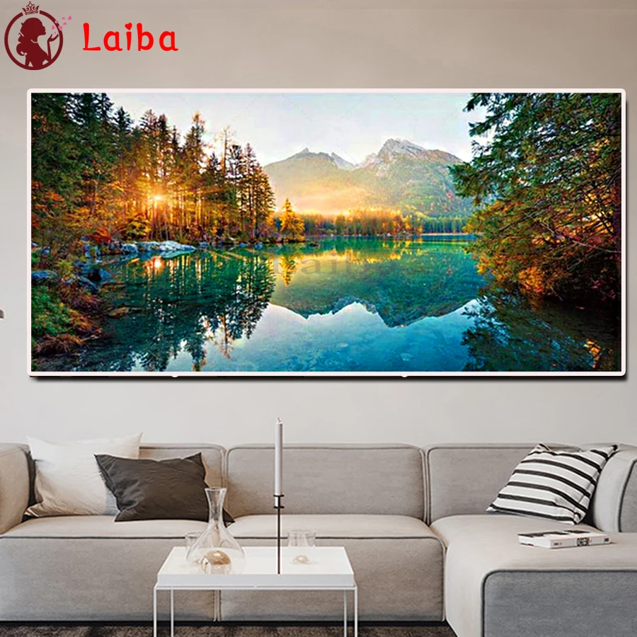 

DIY Diamond Painting with Crystal Beads, Full Square Round Drill, Nature Landscape, Sunshine Forest Lake, Embroidery Sale