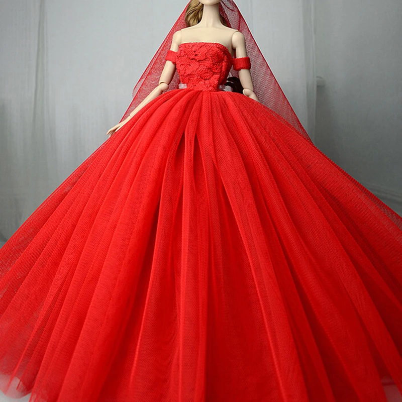 

Lace Wedding Dress +Veil For Barbie Doll Best Gift Doll Dress High quality Handmade Long Tail Evening Gown Clothes