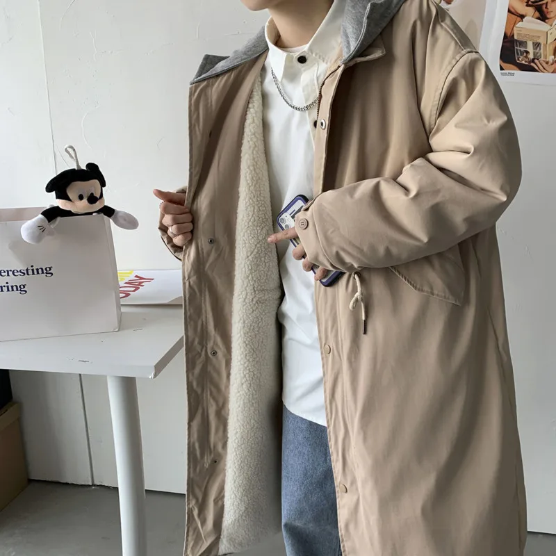 

Winter Thick Lamb Wool Jacket Men Warm Fashion Oversized Long Coat Men Korean Loose Cotton Hooded Coat Mens Trench Overcoat
