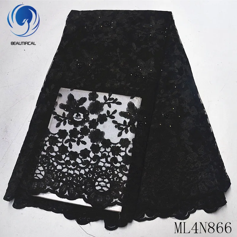 

Beautifical nigerian lace fabrics 2019 Latest embroidery flowers net lace fabric 5yards black nigerian tulle lace stones ML4N866