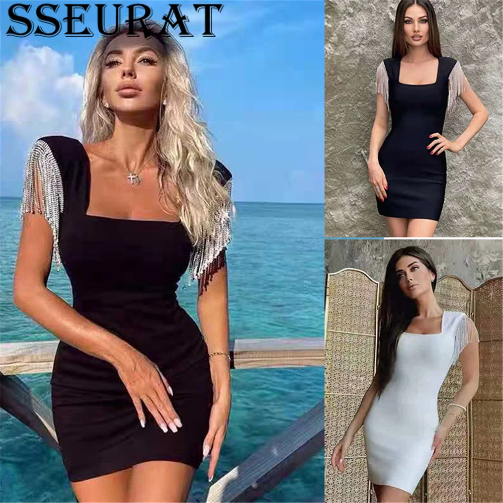 

SSEURAT Autumn Women Short Sleeve Mini Dress Sexy Slash Neck Diamonds Tassel Bodycon Club Party Dresses