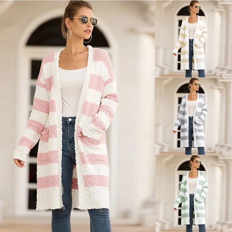 

Women Winter Knitted Striped Cardigan Sweaters Long Sleeve V-neck Plus Size Long Cardigans Casual Knit Outwear Sweater Coat
