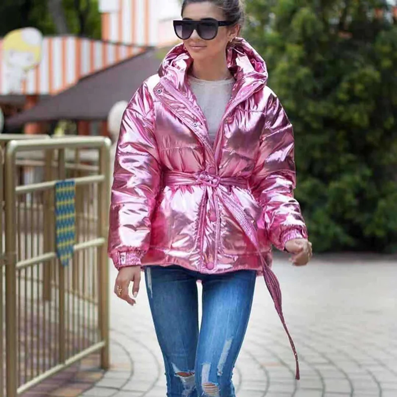 Блестящая Серебристая зимняя куртка Женское зимнее пальто с поясом Женская