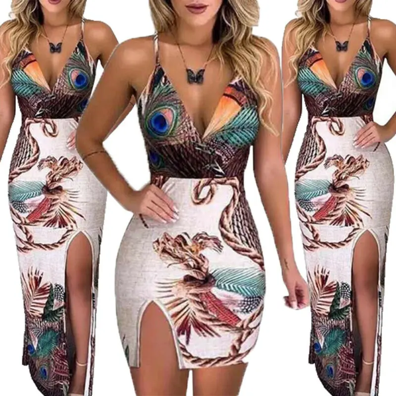 

Women Boho Floral Long Maxi Dress Party Holiday Summer Beach Sundress Ladies Sleeveless Bodycon Prom Evening Party Casual Long