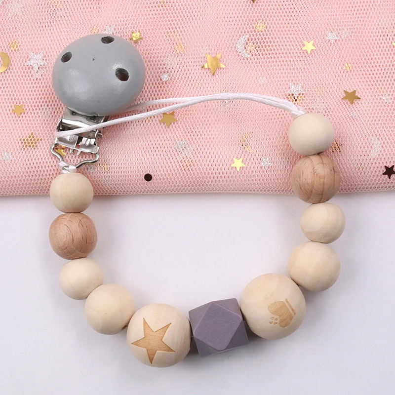 Soporte de cadena para chupete, suministros infantiles, 1 pieza, Auxiliar de comida, regalo para ni&ntilde;os, antip&eacute;rdida de silicona/Cadena de mordedor de madera para beb&eacute;-5