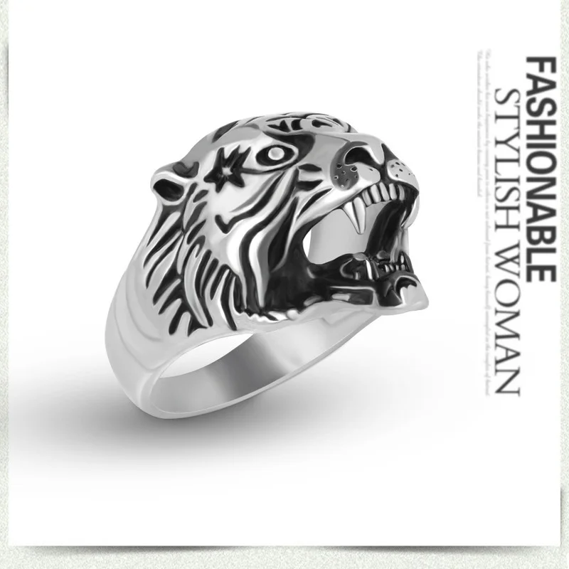 

Men's Retro Party Creative Animal Tiger Head Ring Silver Punk Stainless Steel Rings Hip Hop Jewwlry Birthday Boy Exquisite Gifts